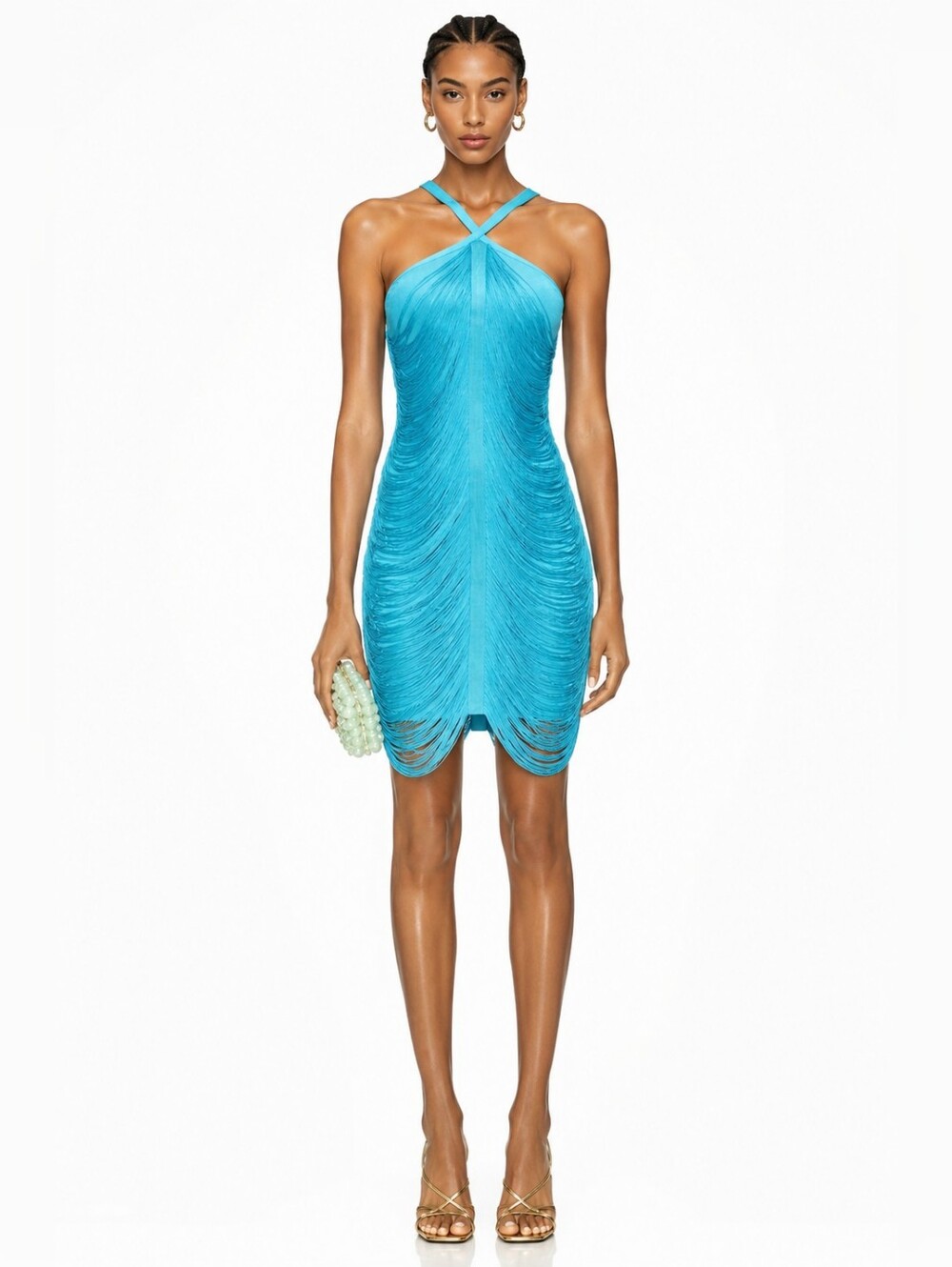 Marciano by Guess Analise Turquoise Bandage Dress Fringe Halter Mini M
